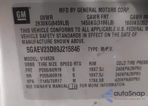 2009 Buick Enclave Cxl из США, поврежденный, VIN 5GAEV23D89J215846